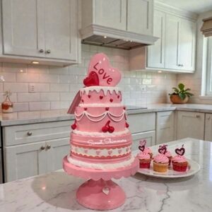 Bella Lux Pink Valentines Heart Cherry Tier Cake Pedistal Figure Decor New